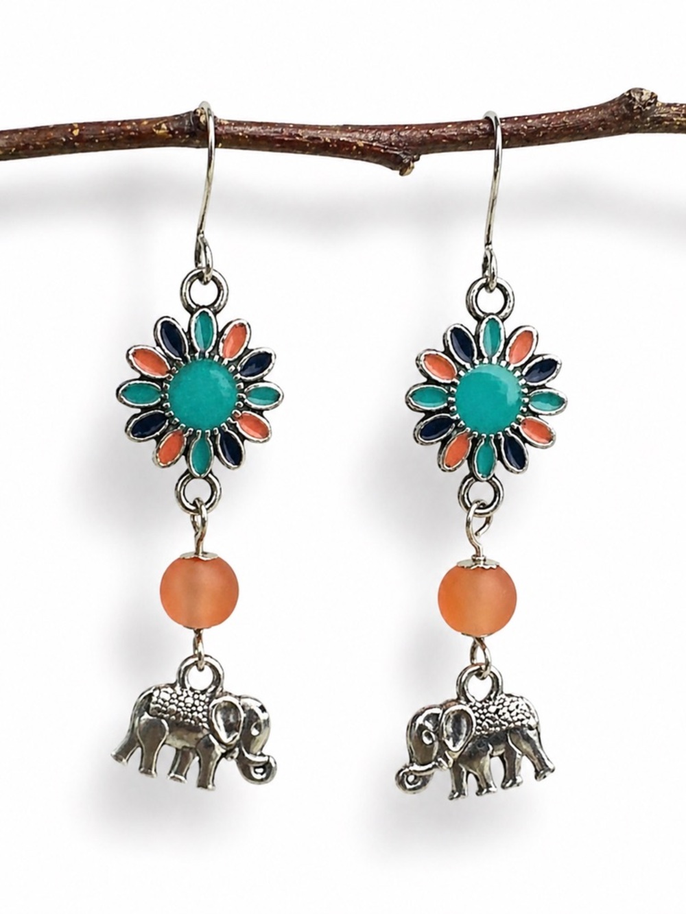 Boho Elephant Dangle Earrings, Colorful Floral Medallion Drop